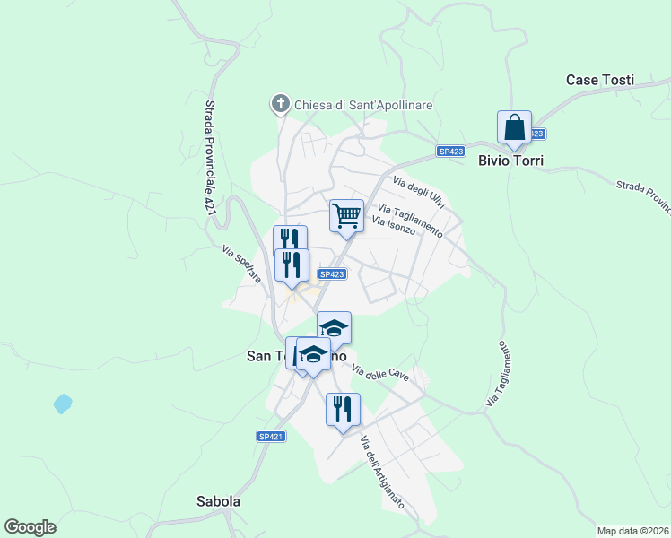 map of restaurants, bars, coffee shops, grocery stores, and more near 20 Via Castel Petroso in San Terenziano