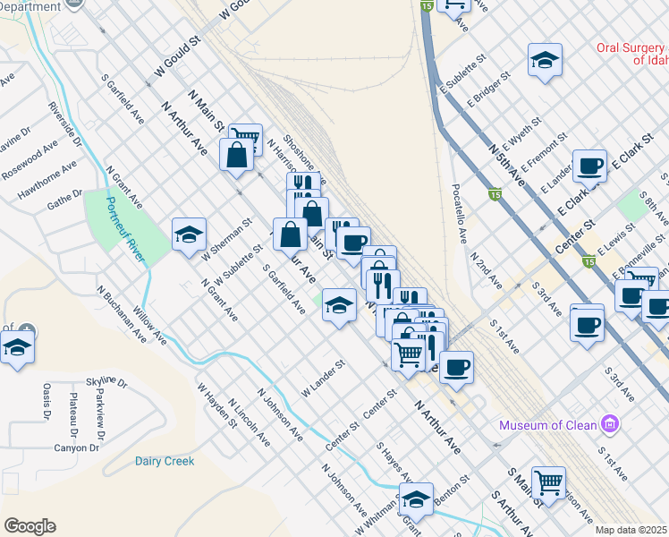 map of restaurants, bars, coffee shops, grocery stores, and more near 555 North Main Street in Pocatello