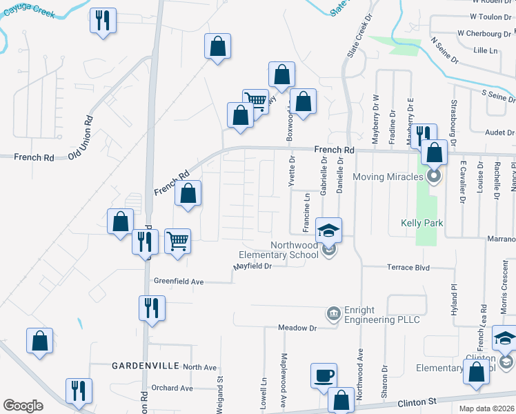 map of restaurants, bars, coffee shops, grocery stores, and more near 133 Blossom Wood Lane in Cheektowaga
