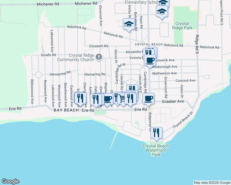 map of restaurants, bars, coffee shops, grocery stores, and more near 318 Cambridge Road West in Fort Erie