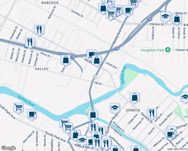 map of restaurants, bars, coffee shops, grocery stores, and more near 350 Bailey Avenue in Buffalo