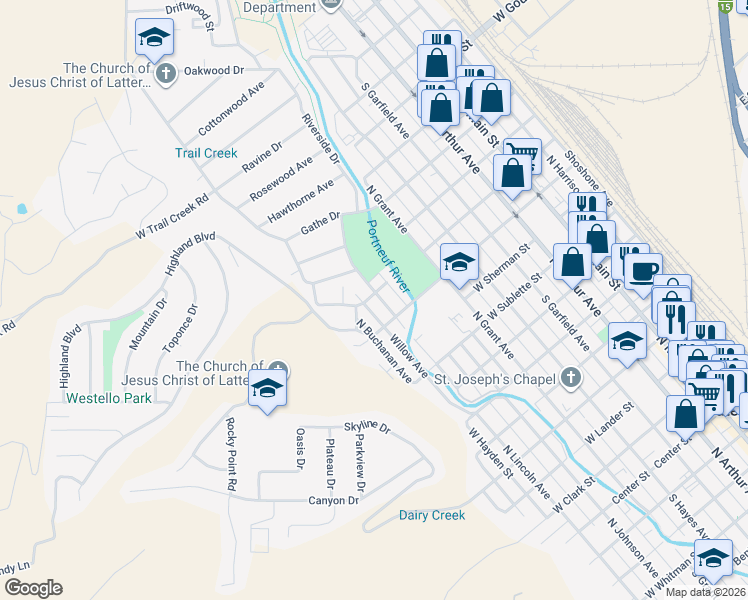 map of restaurants, bars, coffee shops, grocery stores, and more near 1053 North Lincoln Avenue in Pocatello