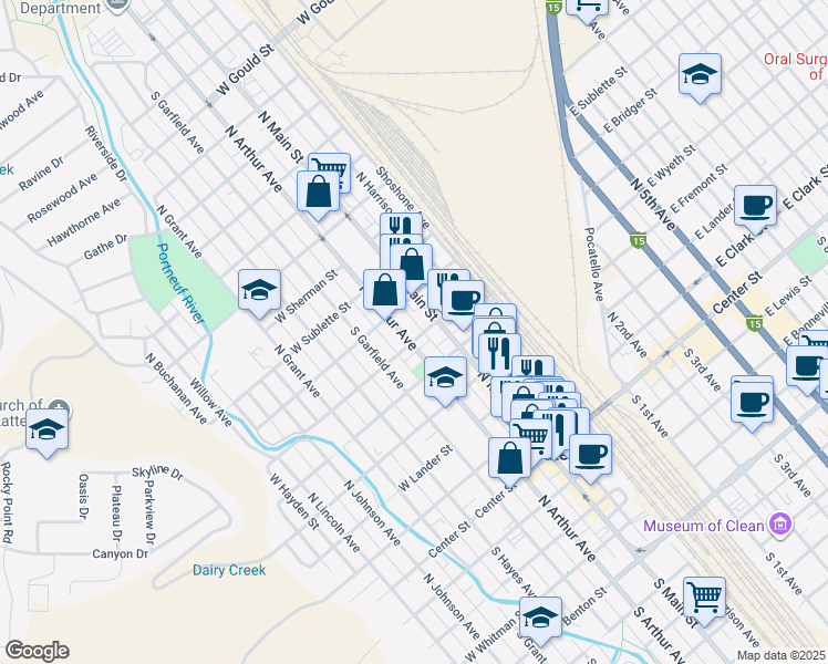 map of restaurants, bars, coffee shops, grocery stores, and more near 629 North Arthur Avenue in Pocatello