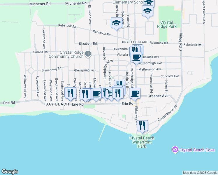 map of restaurants, bars, coffee shops, grocery stores, and more near 318 Cambridge Road West in Fort Erie