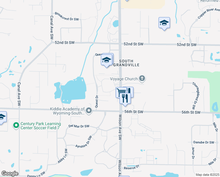 map of restaurants, bars, coffee shops, grocery stores, and more near 5442 Rivertown Circle Southwest in Wyoming
