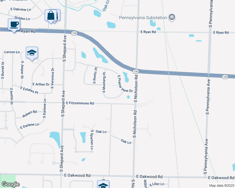map of restaurants, bars, coffee shops, grocery stores, and more near 1404 East Wild Ginger Way in Oak Creek