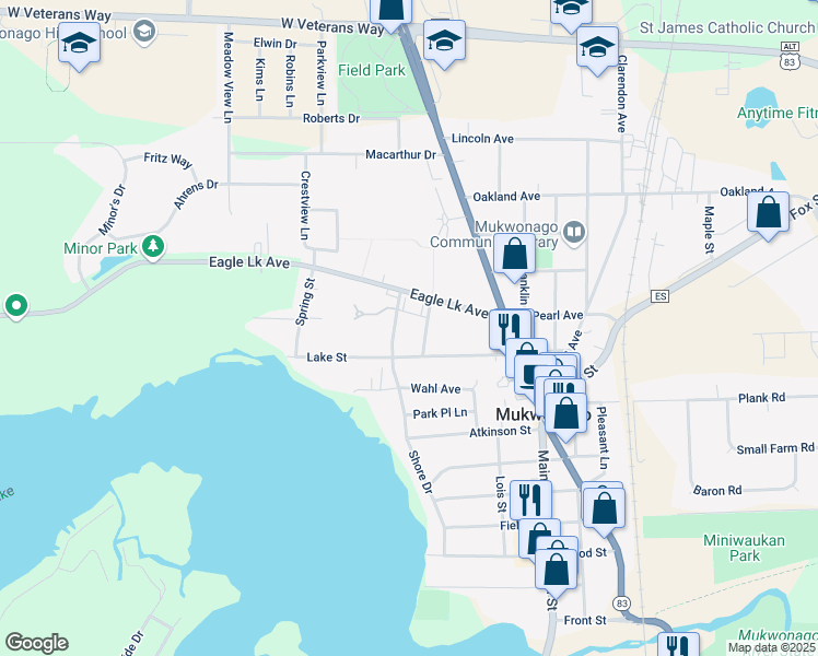 map of restaurants, bars, coffee shops, grocery stores, and more near 315 Gibson Street in Mukwonago