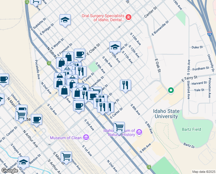 map of restaurants, bars, coffee shops, grocery stores, and more near 406 S 7th Ave in Pocatello