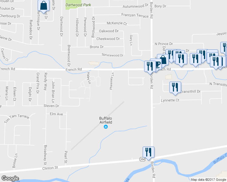 map of restaurants, bars, coffee shops, grocery stores, and more near 53 Pheasant Lane in Buffalo