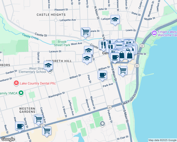 map of restaurants, bars, coffee shops, grocery stores, and more near 116 William Street in Geneva