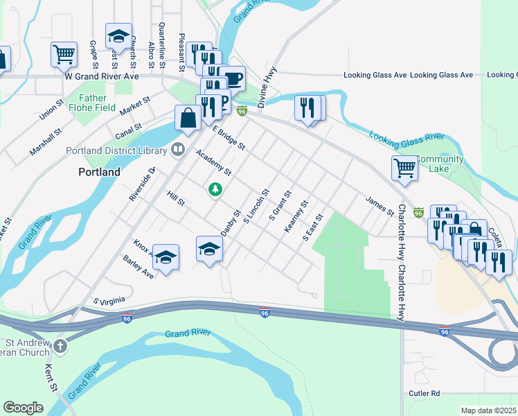 map of restaurants, bars, coffee shops, grocery stores, and more near 325 South Lincoln Street in Portland