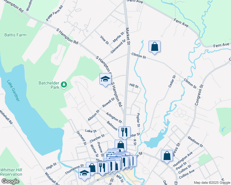 map of restaurants, bars, coffee shops, grocery stores, and more near 17 South Hampton Road in Amesbury