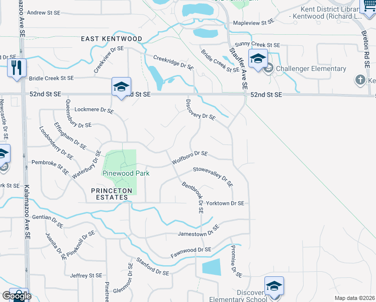 map of restaurants, bars, coffee shops, grocery stores, and more near 2167 Wolfboro Drive Southeast in Kentwood