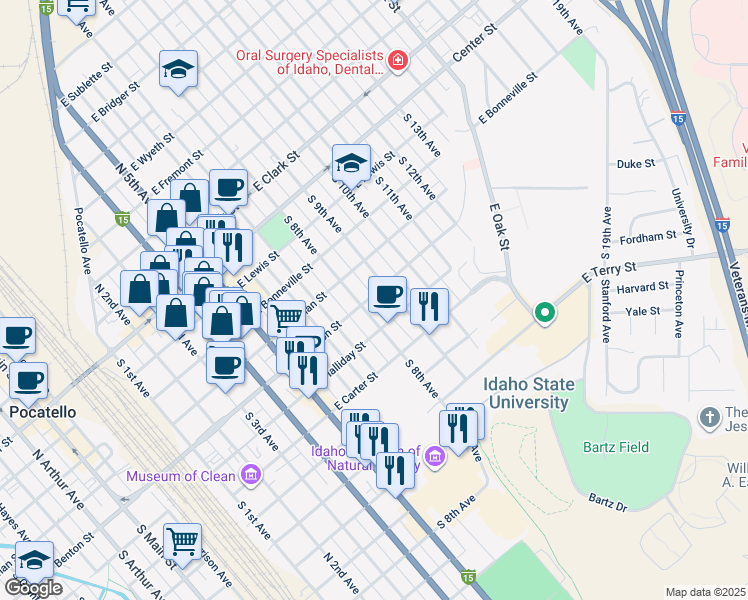 map of restaurants, bars, coffee shops, grocery stores, and more near 923 East Benton Street in Pocatello