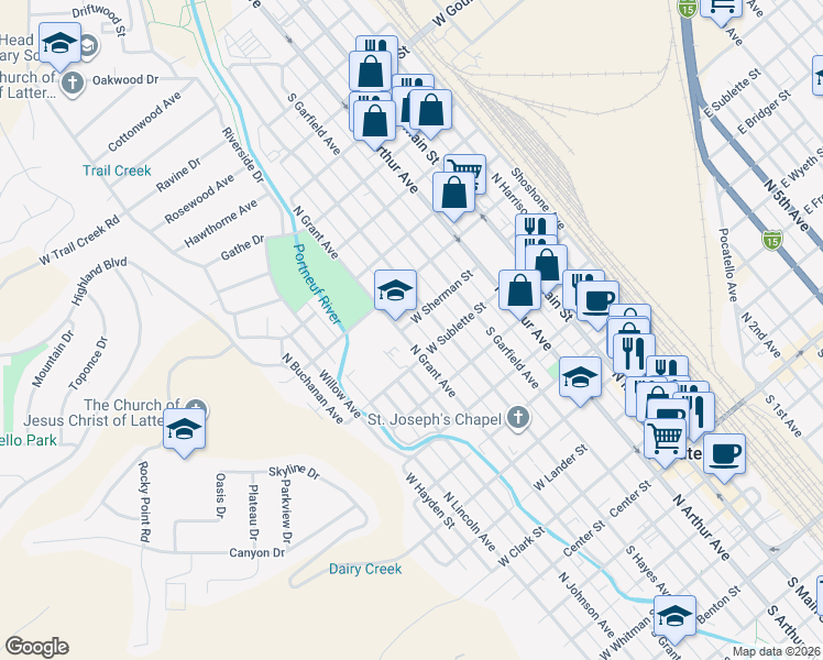 map of restaurants, bars, coffee shops, grocery stores, and more near 860 North Grant Avenue in Pocatello