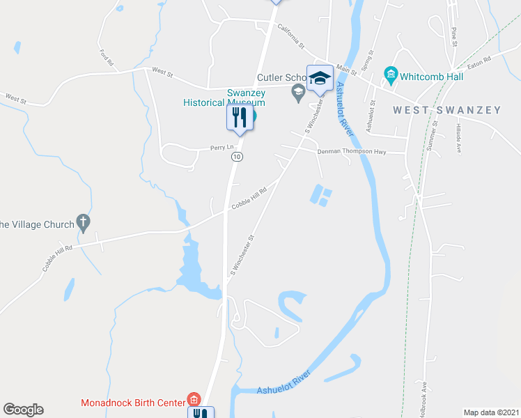 map of restaurants, bars, coffee shops, grocery stores, and more near 105 South Winchester Street in Swanzey