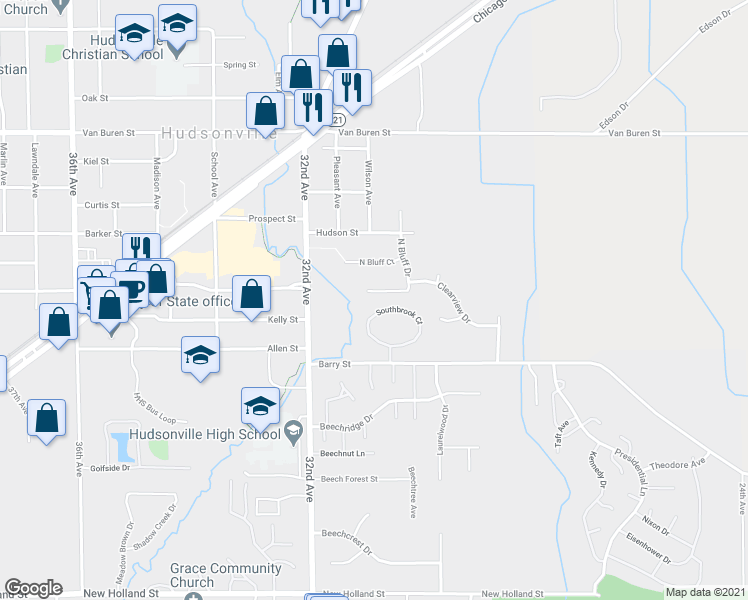 map of restaurants, bars, coffee shops, grocery stores, and more near 3096 S Bluff Ct in Hudsonville