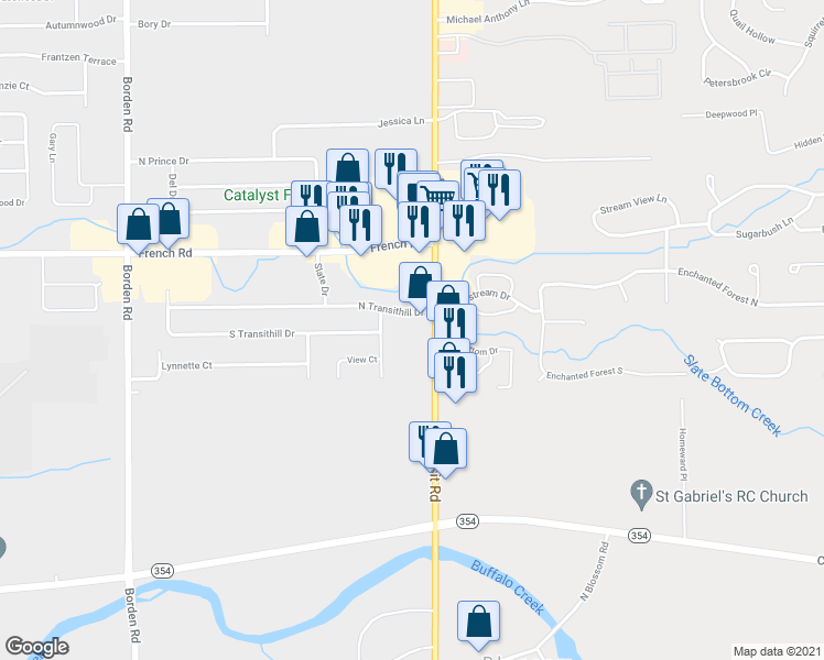 map of restaurants, bars, coffee shops, grocery stores, and more near 4728 Transit Road in Depew