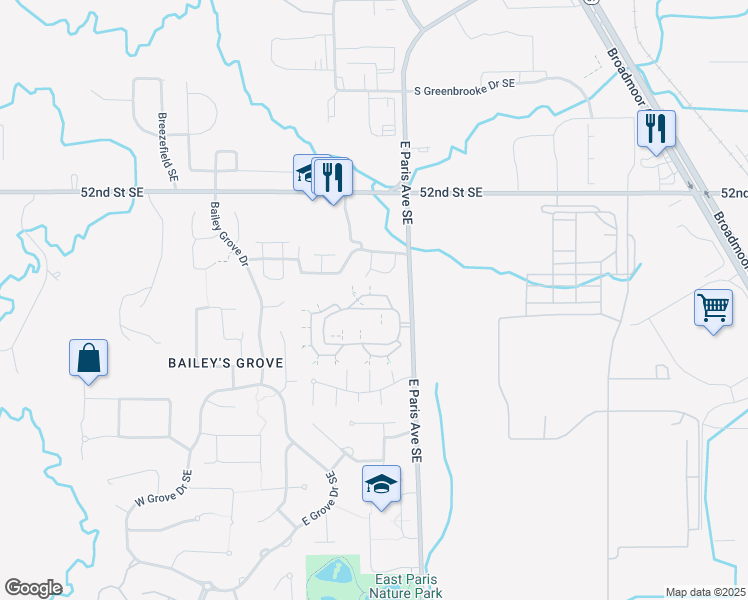 map of restaurants, bars, coffee shops, grocery stores, and more near 3938 North Rosebud Court in Kentwood