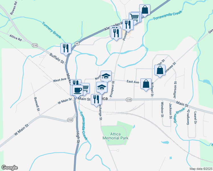 map of restaurants, bars, coffee shops, grocery stores, and more near 31 Prospect Street in Attica