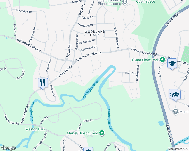 map of restaurants, bars, coffee shops, grocery stores, and more near 18 Edgewood Avenue in Merrimack