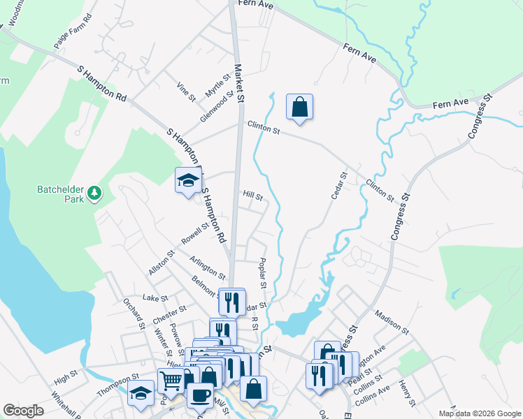 map of restaurants, bars, coffee shops, grocery stores, and more near 16 Russell Street in Amesbury
