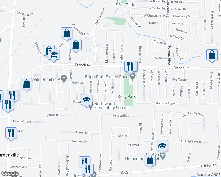 map of restaurants, bars, coffee shops, grocery stores, and more near 70 Judith Drive in Buffalo
