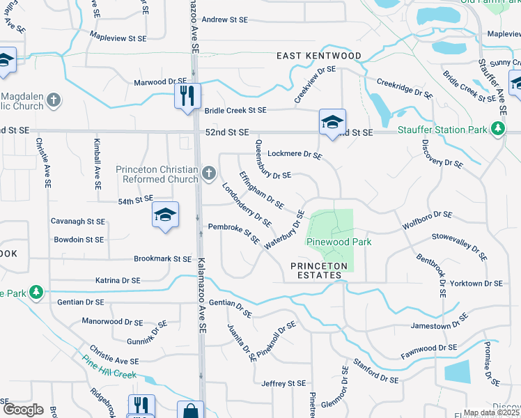 map of restaurants, bars, coffee shops, grocery stores, and more near 5412 Londonderry Dr SE in Kentwood
