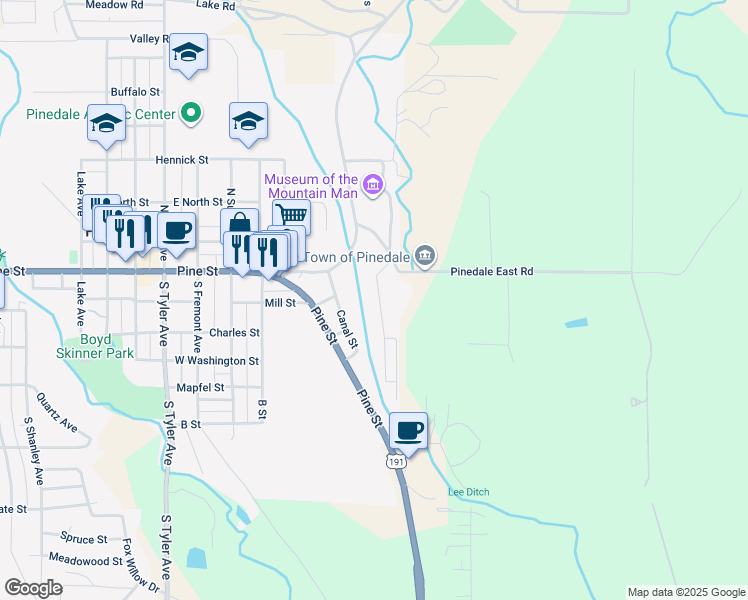 map of restaurants, bars, coffee shops, grocery stores, and more near 66 Skyline Street in Pinedale