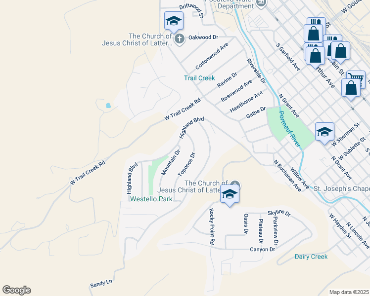 map of restaurants, bars, coffee shops, grocery stores, and more near 22 Mountain Drive in Pocatello