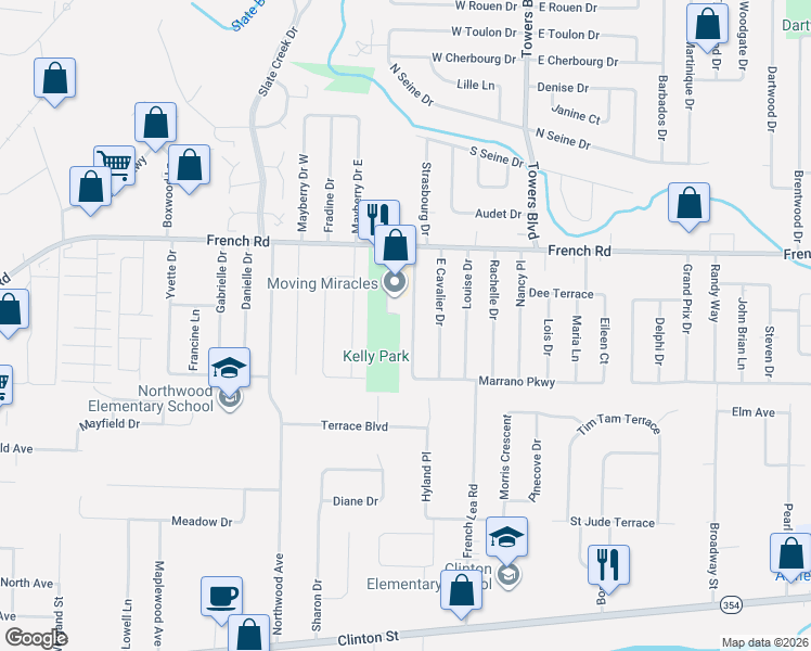 map of restaurants, bars, coffee shops, grocery stores, and more near 70 West Cavalier Drive in Buffalo