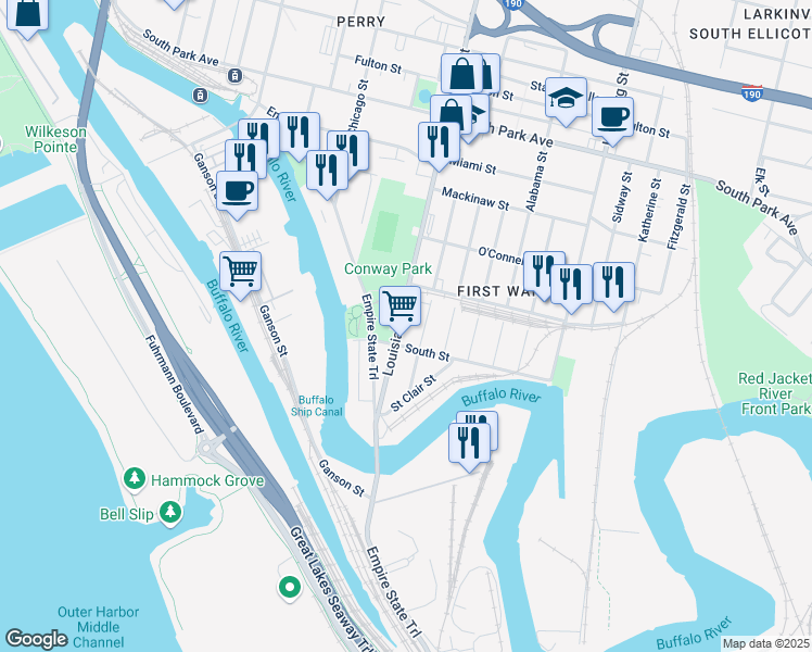 map of restaurants, bars, coffee shops, grocery stores, and more near 67 Kentucky Street in Buffalo