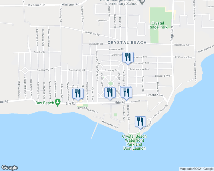 map of restaurants, bars, coffee shops, grocery stores, and more near 104 Shannon Road South in Fort Erie