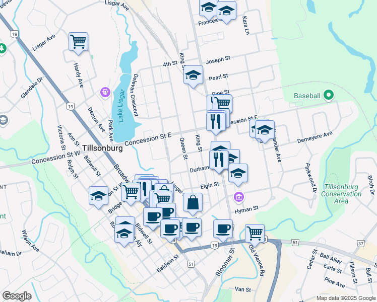 map of restaurants, bars, coffee shops, grocery stores, and more near 75 Bridge Street East in Tillsonburg
