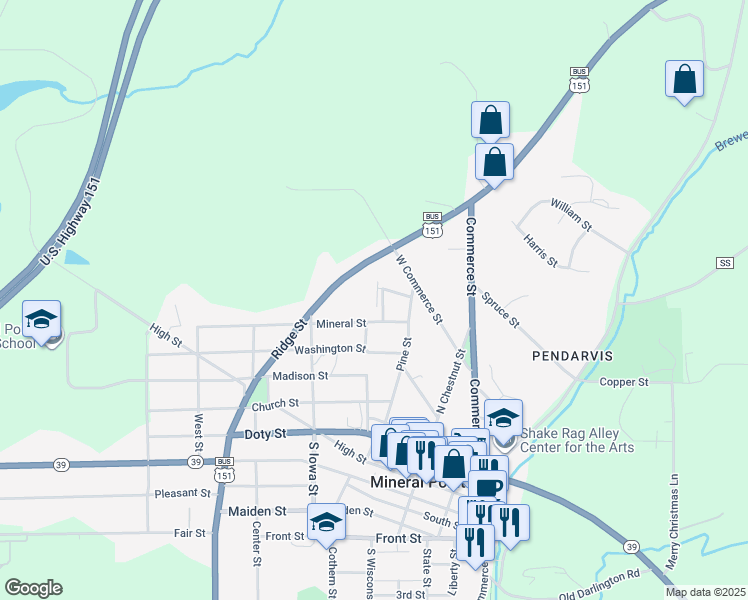 map of restaurants, bars, coffee shops, grocery stores, and more near 219 Mineral Street in Mineral Point
