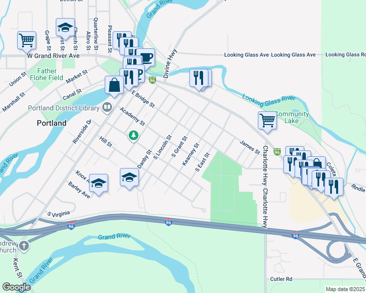 map of restaurants, bars, coffee shops, grocery stores, and more near 249 South Grant Street in Portland