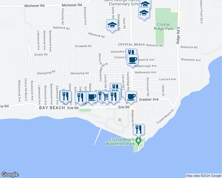 map of restaurants, bars, coffee shops, grocery stores, and more near 52 Queens Circle in Fort Erie