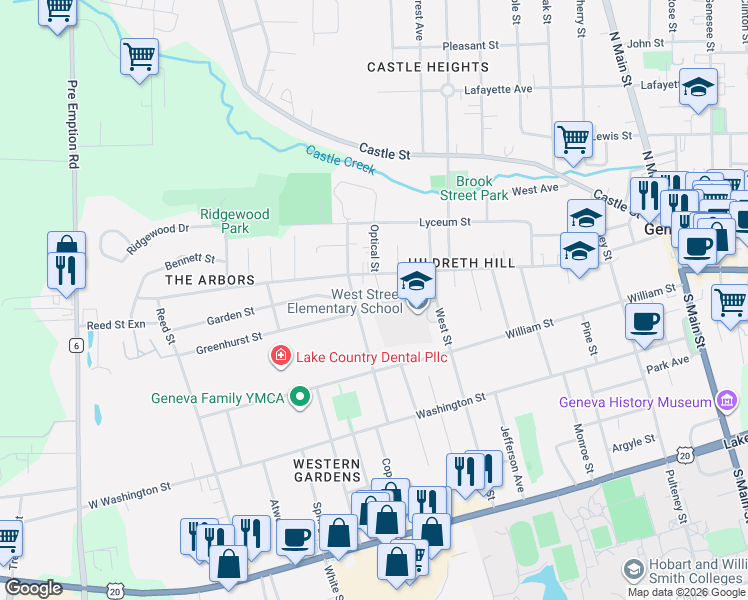 map of restaurants, bars, coffee shops, grocery stores, and more near 136 S Optical St in Geneva