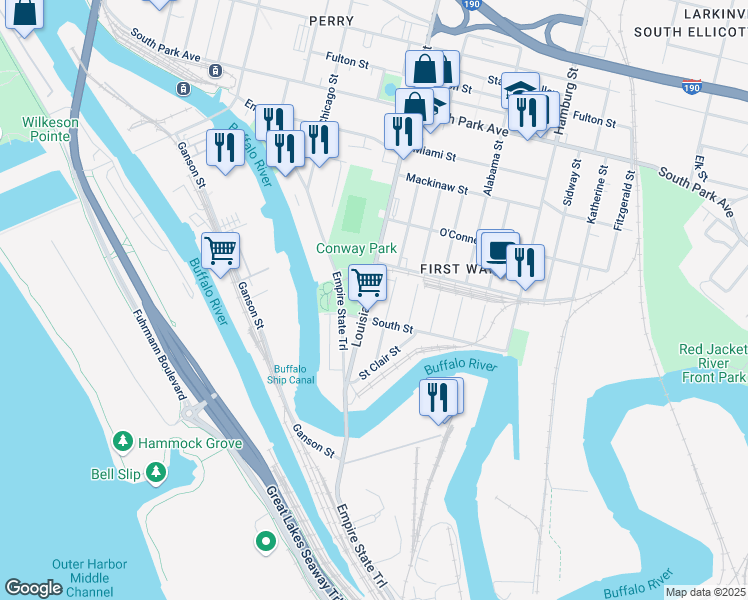 map of restaurants, bars, coffee shops, grocery stores, and more near 67 Kentucky Street in Buffalo