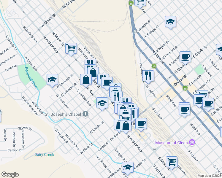 map of restaurants, bars, coffee shops, grocery stores, and more near 511 North Harrison Avenue in Pocatello