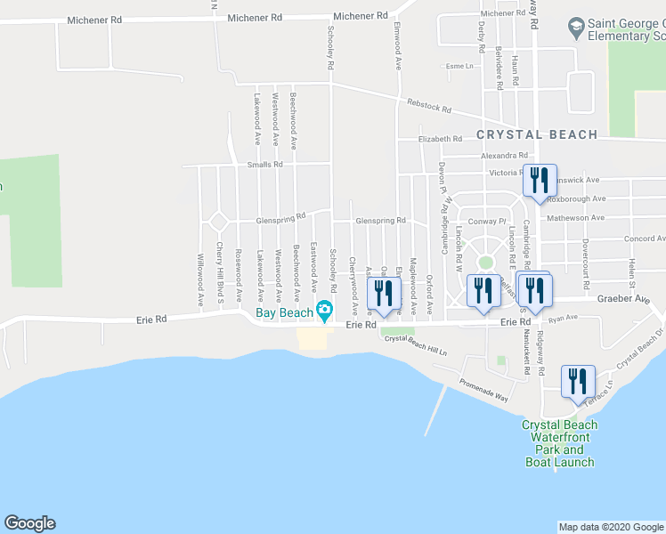 map of restaurants, bars, coffee shops, grocery stores, and more near 347 Schooley Road in Fort Erie