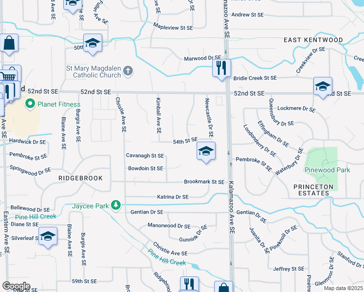 map of restaurants, bars, coffee shops, grocery stores, and more near 1444 54th Street Southeast in Kentwood