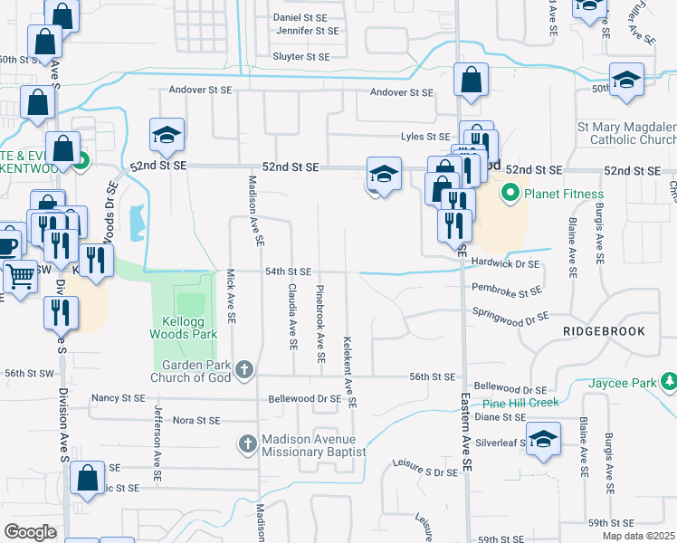 map of restaurants, bars, coffee shops, grocery stores, and more near 561 54th Street Southeast in Kentwood
