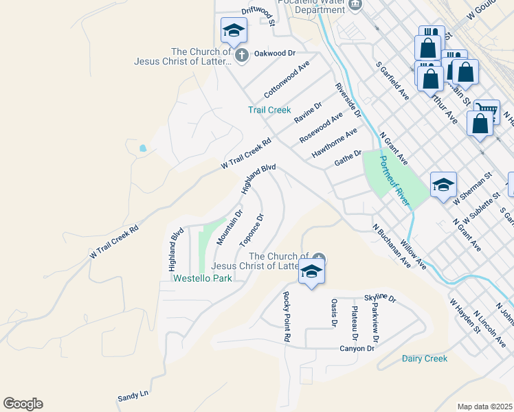 map of restaurants, bars, coffee shops, grocery stores, and more near 43 Toponce Drive in Pocatello