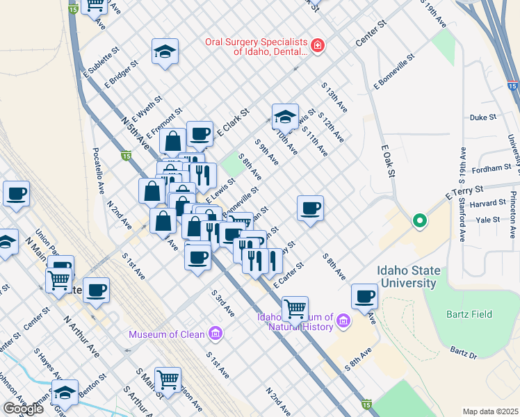 map of restaurants, bars, coffee shops, grocery stores, and more near 810 East Whitman Street in Pocatello