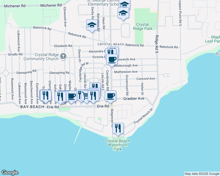 map of restaurants, bars, coffee shops, grocery stores, and more near 357 Ridgeway Road in Fort Erie