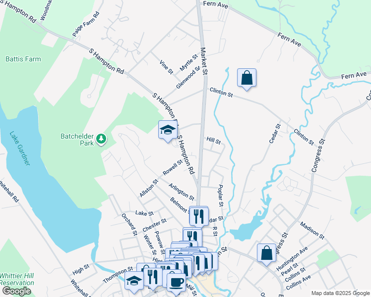 map of restaurants, bars, coffee shops, grocery stores, and more near 17 South Hampton Road in Amesbury