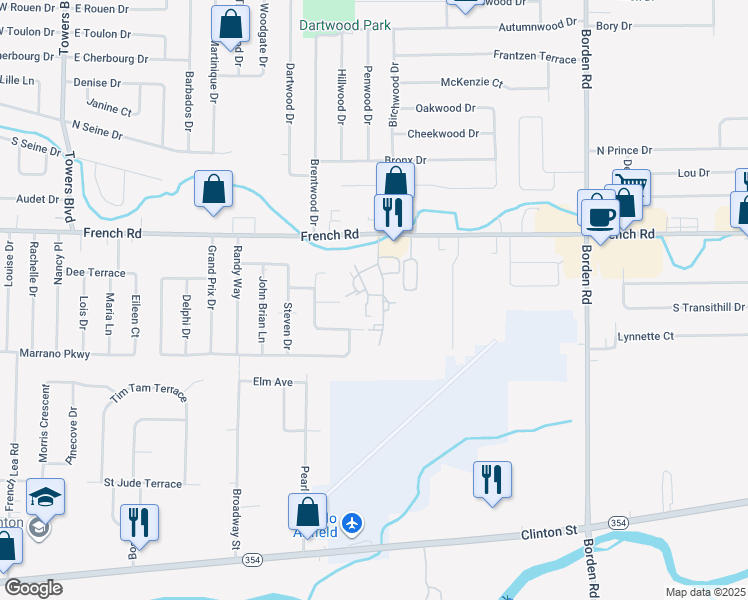 map of restaurants, bars, coffee shops, grocery stores, and more near 62 Haley Lane in Cheektowaga