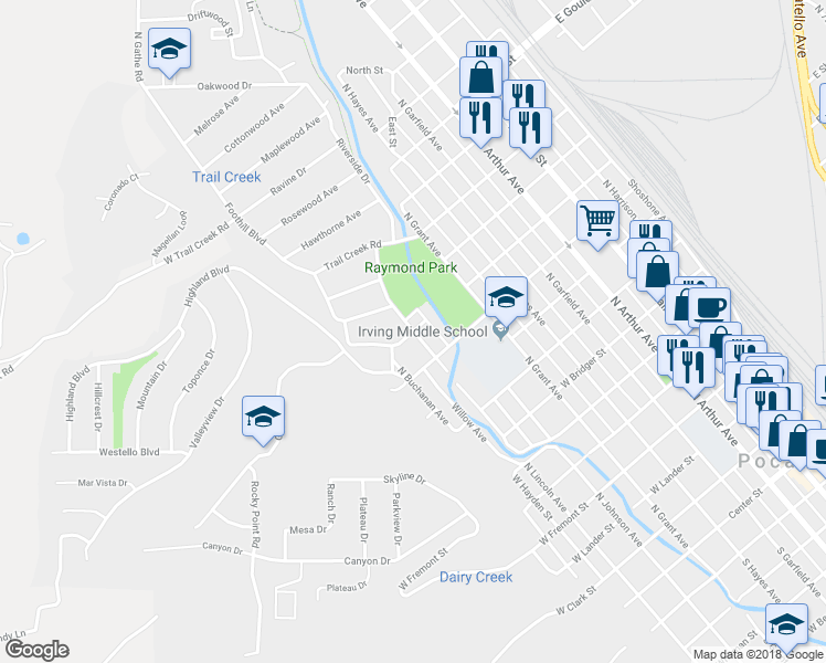 map of restaurants, bars, coffee shops, grocery stores, and more near 2 West Young Street in Pocatello