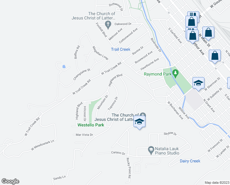 map of restaurants, bars, coffee shops, grocery stores, and more near 43 Toponce Drive in Pocatello